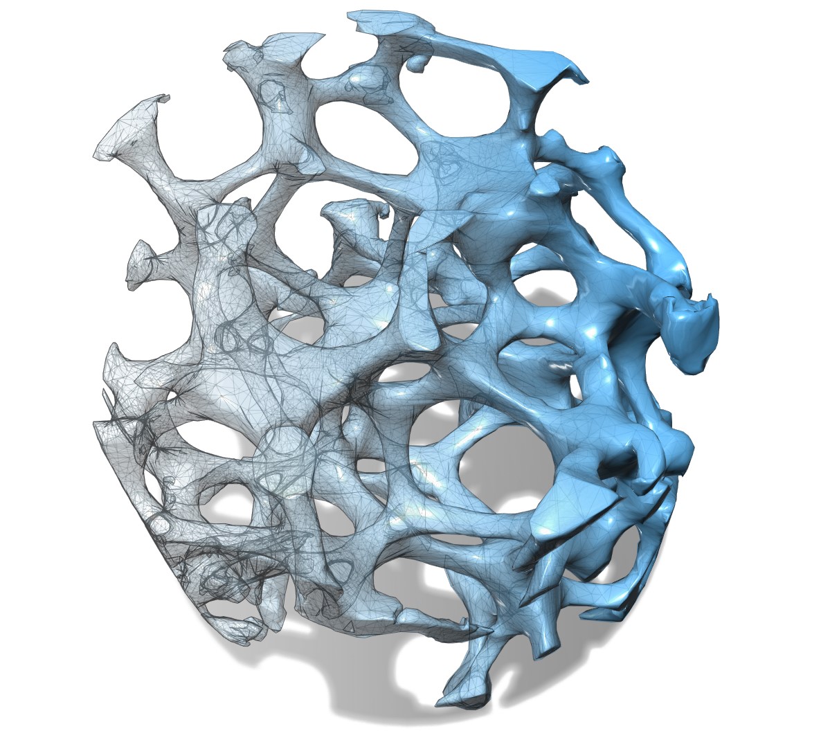 Model 3D struktury piany aluminiowej.